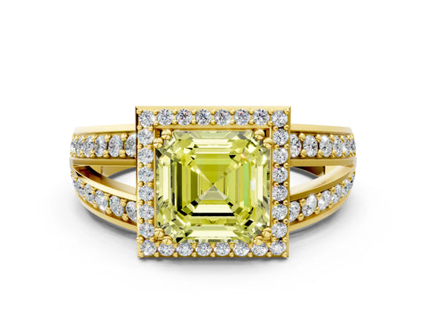 Yellow gold Fancy Yellow Asscher Cut Diamond Halo Ring with Split Shank Pavé Band and Four-Prong Setting