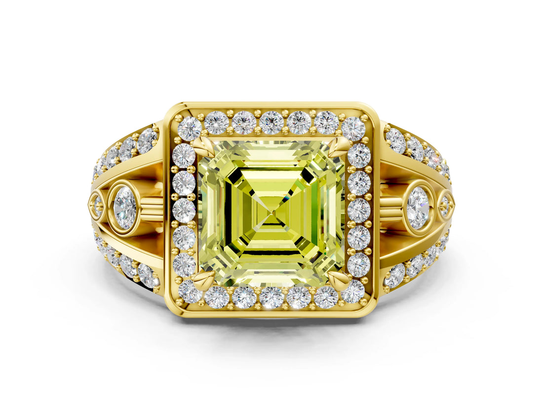 Yellow gold Fancy Yellow Asscher Cut Diamond Halo Ring with Split Shank and Bezel Accents and Four-Prong Setting