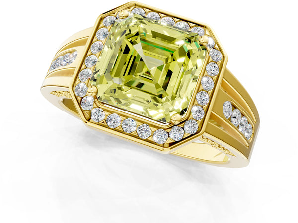 Yellow Gold Asscher Cut Channel Set Halo Engagement Ring Setting for Fancy Yellow Center