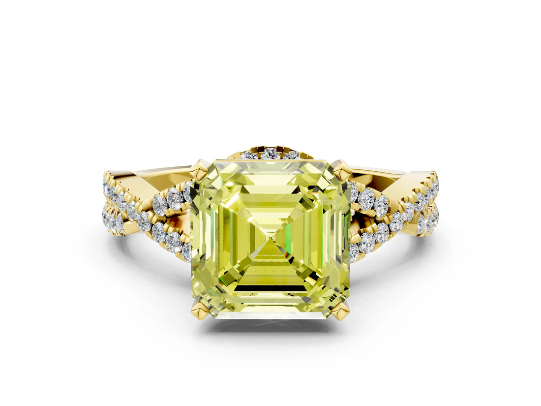Yellow gold Fancy Yellow Asscher Cut Diamond  Halo Twist Band Solitaire Prong Setting Ring_42