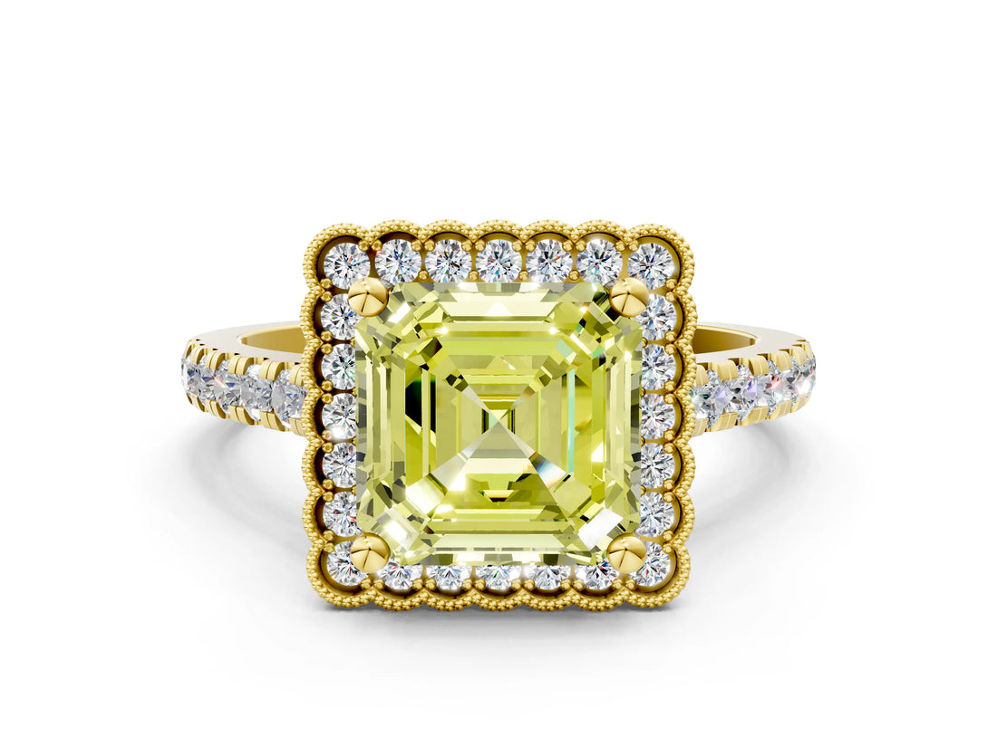 Yellow gold Fancy Yellow Asscher  Cut Diamond Milgrain Floral Halo Engagement Ring with Pavé Band_15