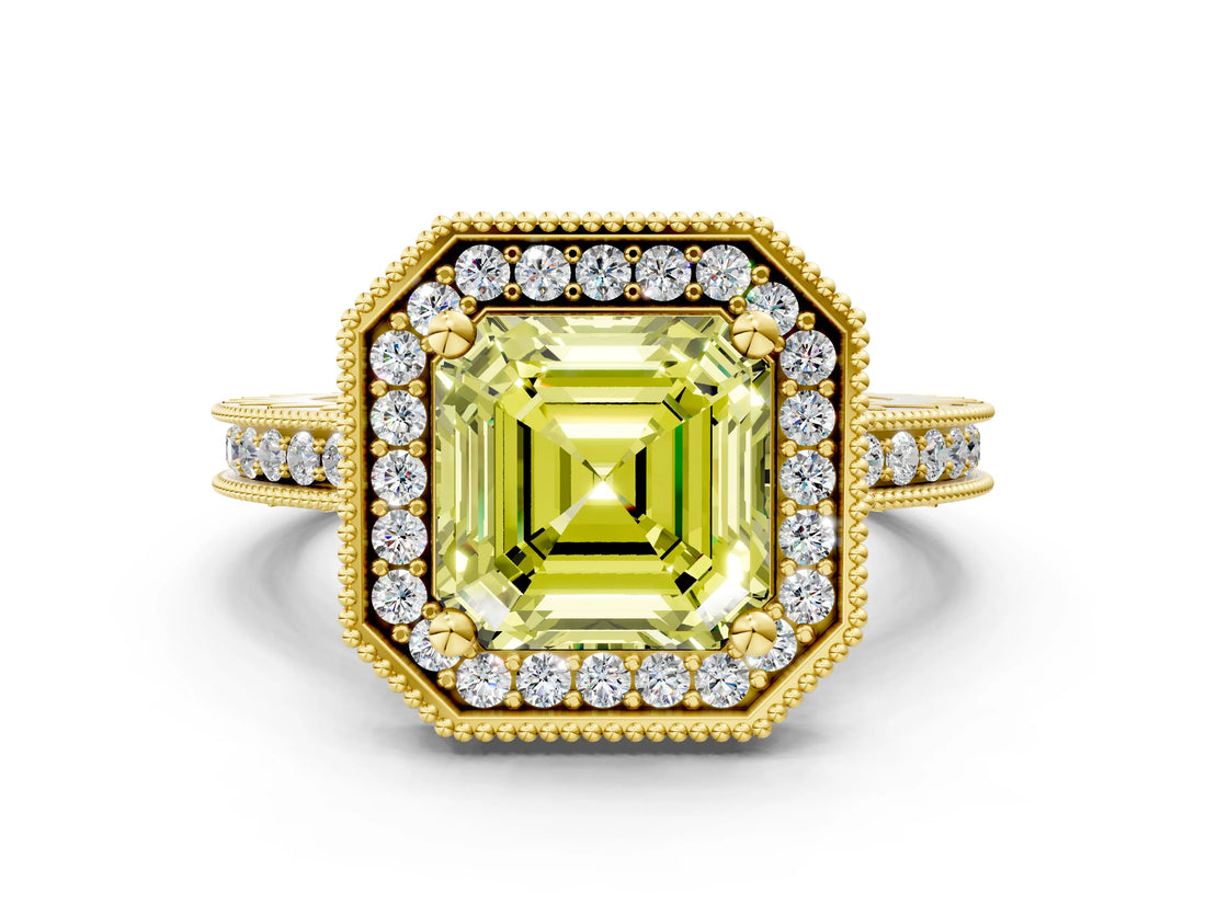 Yellow gold Fancy Yellow Asscher Cut Diamond Milgrain Halo Engagement Ring with Round Pavé Band and Prong Setting_12