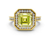 Yellow gold Fancy Yellow Asscher Cut Diamond Milgrain Halo Engagement Ring with Round Pavé Band and Prong Setting_12