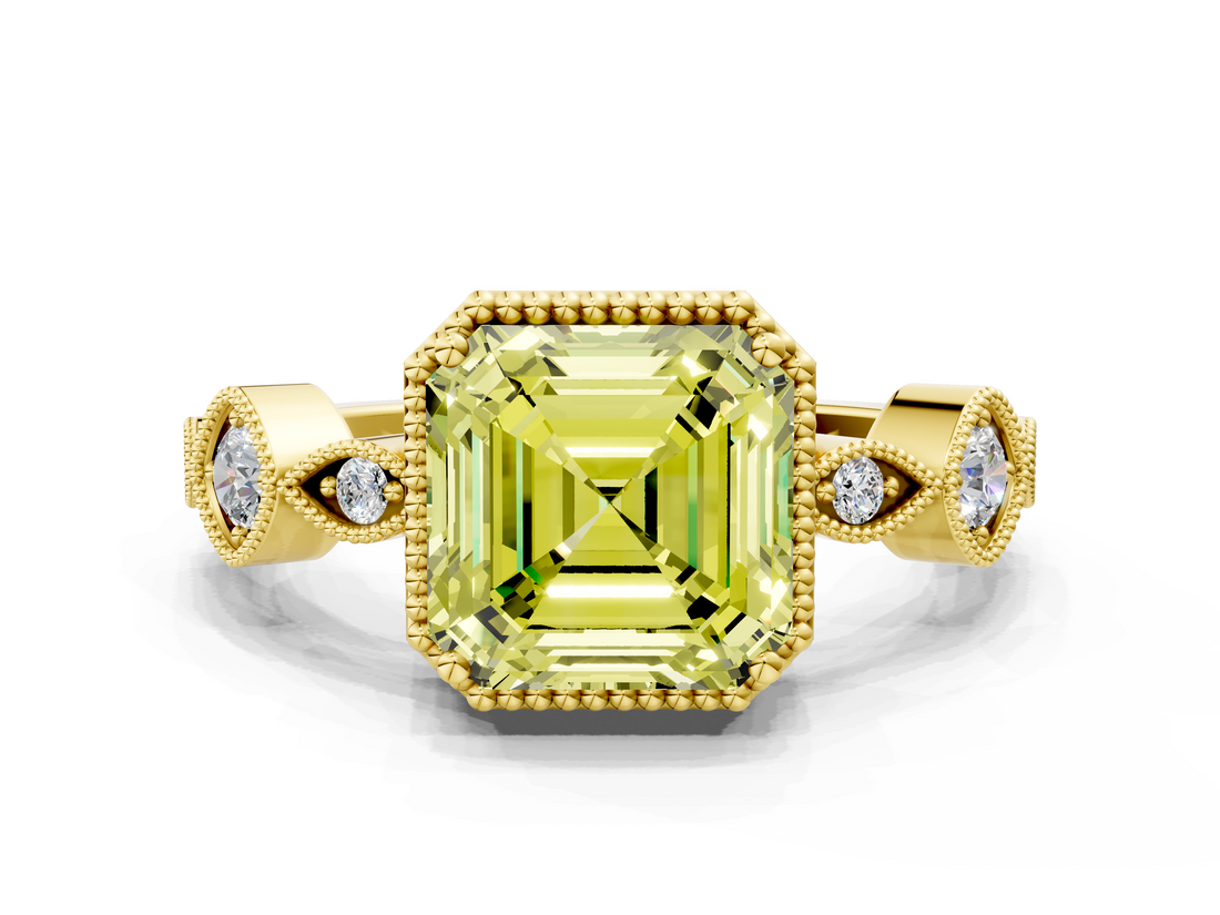 Yellow gold Fancy Yellow Asscher  Cut Diamond Milgrain Marquise Band with Prong Setting_3