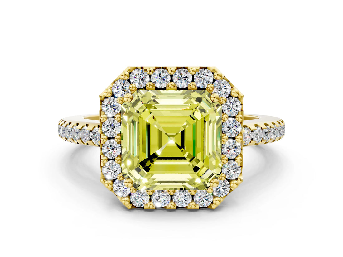 Yellow gold Fancy Yellow Asscher Cut Diamond Pavé Halo Ring with Four-Prong Setting_29