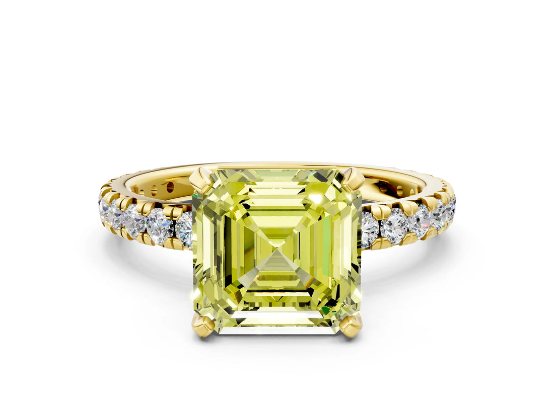 Yellow gold Fancy Yellow Asscher Cut Diamond Pavé Solitaire Ring with Round Band and Prong Setting_12