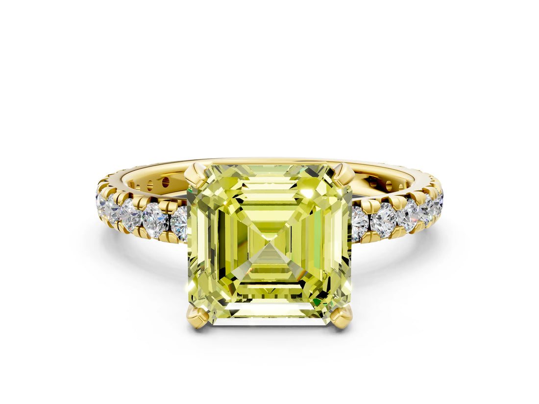Yellow gold Fancy Yellow Asscher Cut Diamond Pavé Solitaire Ring with Round Band and Prong Setting_24