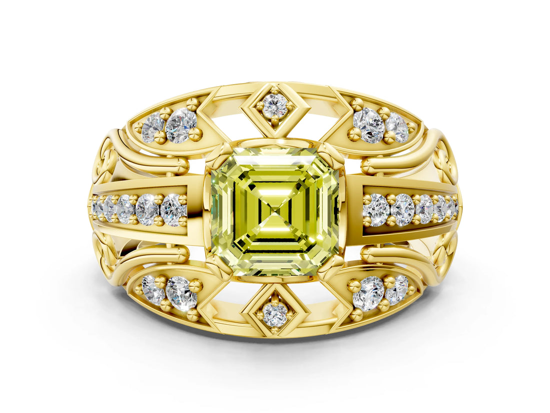 Yellow gold Fancy Yellow Asscher Cut Diamond Pave Art Deco Split Shank Ring with Four-Prong Setting
