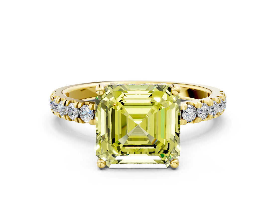 Yellow gold Fancy Yellow Asscher Cut Diamond Pave Band Solitaire Ring with Four-Prong Setting_20