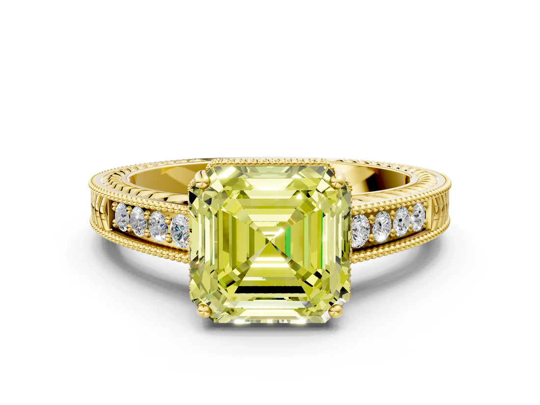 Yellow gold Fancy Yellow Asscher Cut Diamond Ring with Milgrain Pavé Band and Four-Prong Setting_20