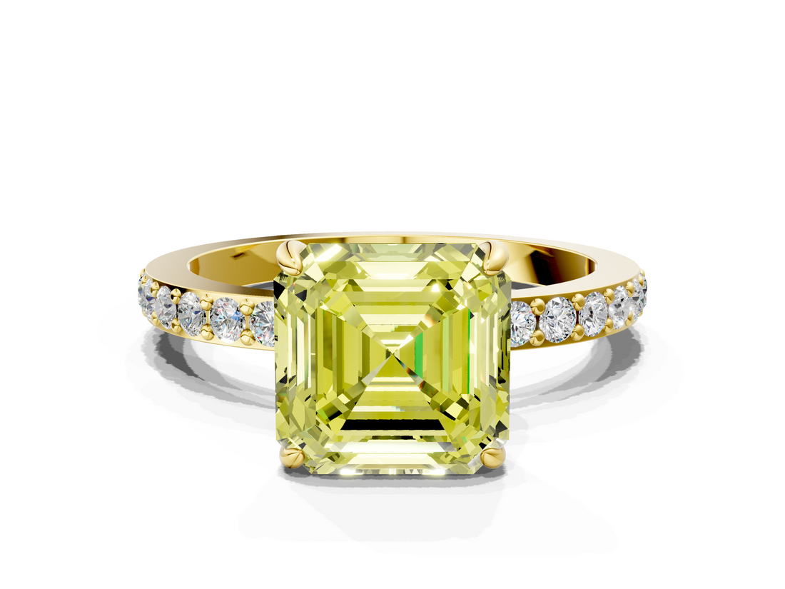 Yellow gold Fancy Yellow Asscher  Cut Diamond Ring with Pavé Band and Four-Prong Setting_17