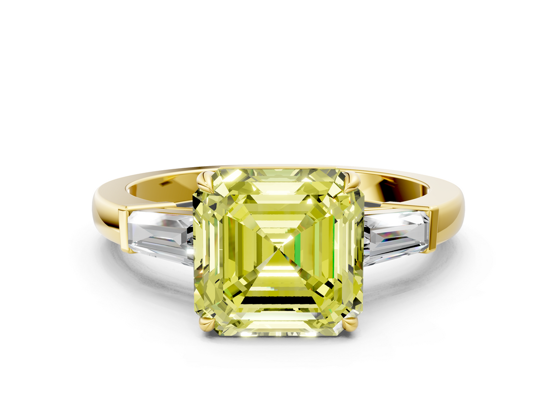 Yellow gold Fancy Yellow Asscher  Cut Diamond Ring with Tapered Baguette Side Stones in Four-Prong Setting_3