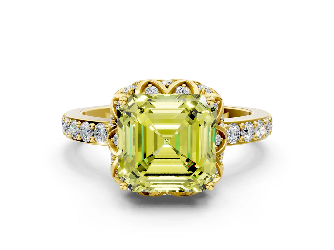 Yellow gold Fancy Yellow Asscher Cut Diamond Scalloped Halo Engagement Ring with Round Shared Prong Band_24