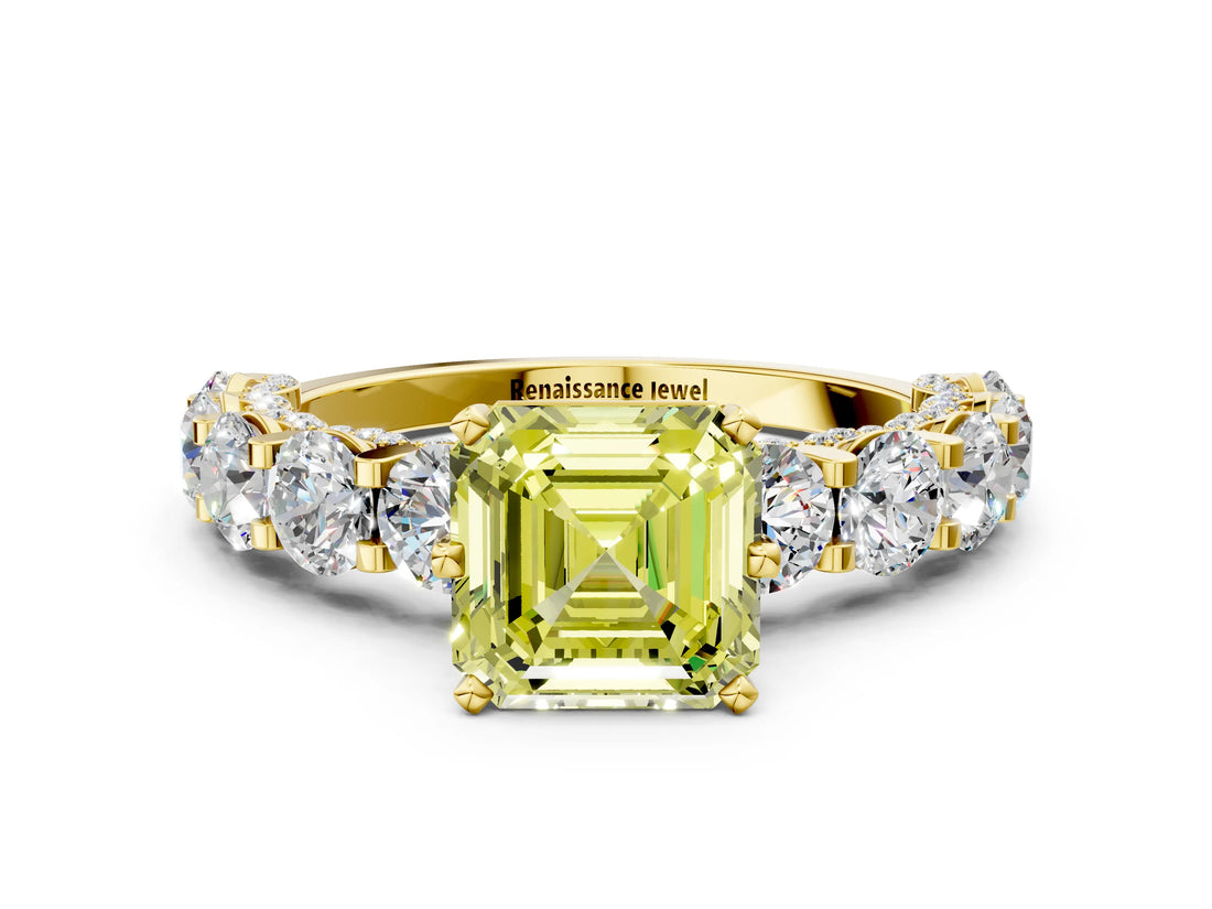 Yellow gold Fancy Yellow Asscher Cut Diamond Side Stone Engagement Ring with Four-Prong Setting_36