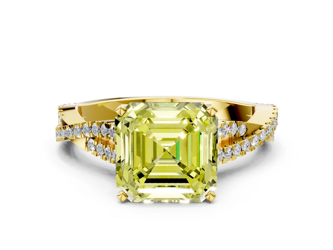 Yellow gold Fancy Yellow Asscher Cut Diamond Solitaire Engagement Ring with Twisted Pavé Band and Four-Prong Setting_49
