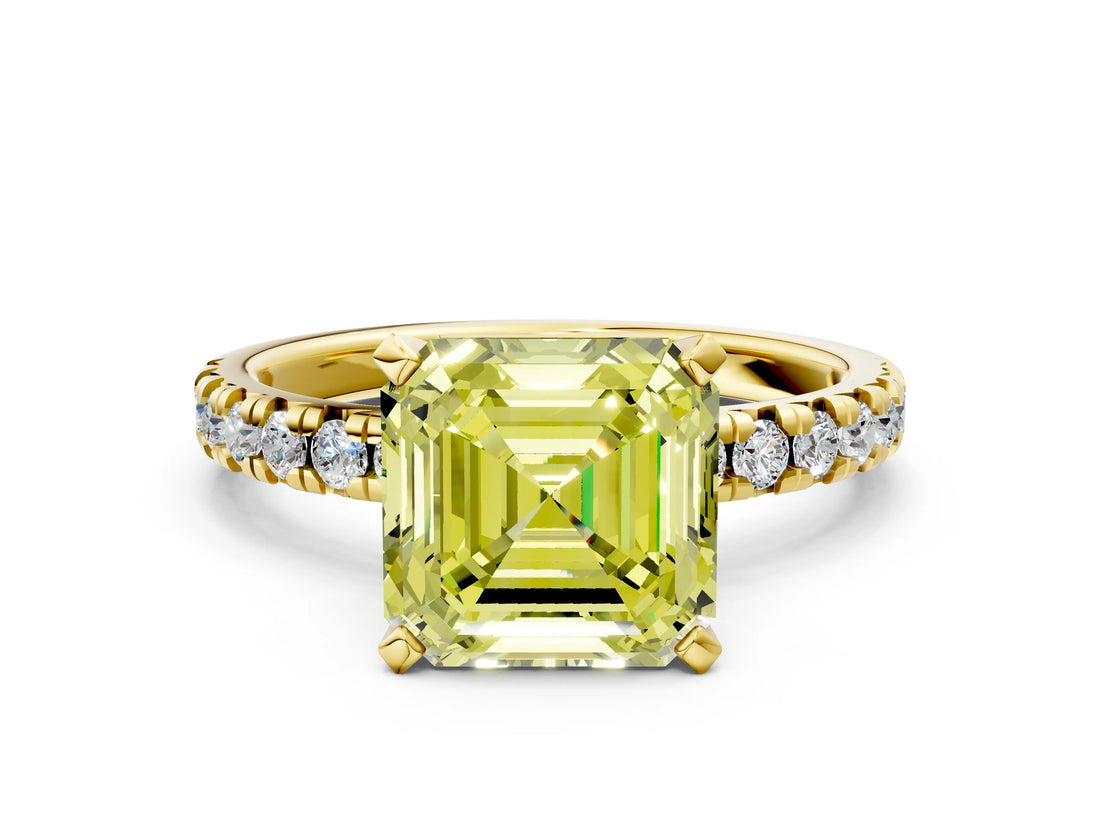 Yellow gold Fancy Yellow Asscher Cut Diamond Solitaire Pavé Engagement Ring with Round Band and Prong Setting_72