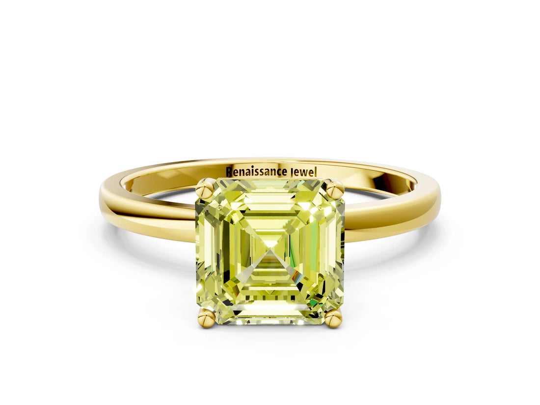 Yellow gold Fancy Yellow Asscher Cut Diamond Solitaire Ring with Classic Band and Four-Prong Setting