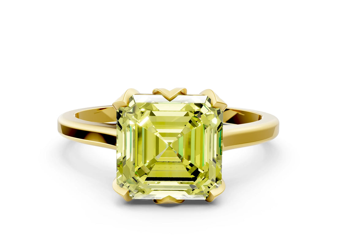 Yellow gold Fancy Yellow Asscher Cut Diamond Solitaire Ring with Flower Prong Setting and Classic Band_36