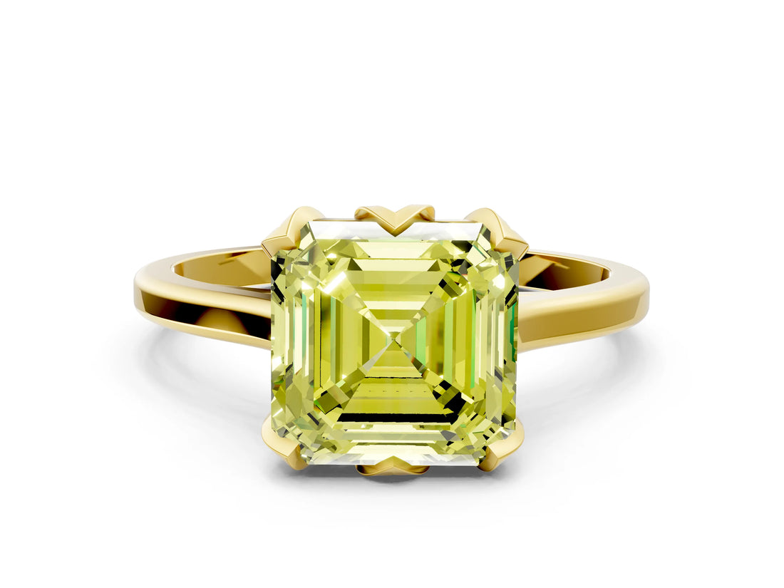 Yellow gold Fancy Yellow Asscher Cut Diamond Solitaire Ring with Flower Prong Setting and Classic Band_97