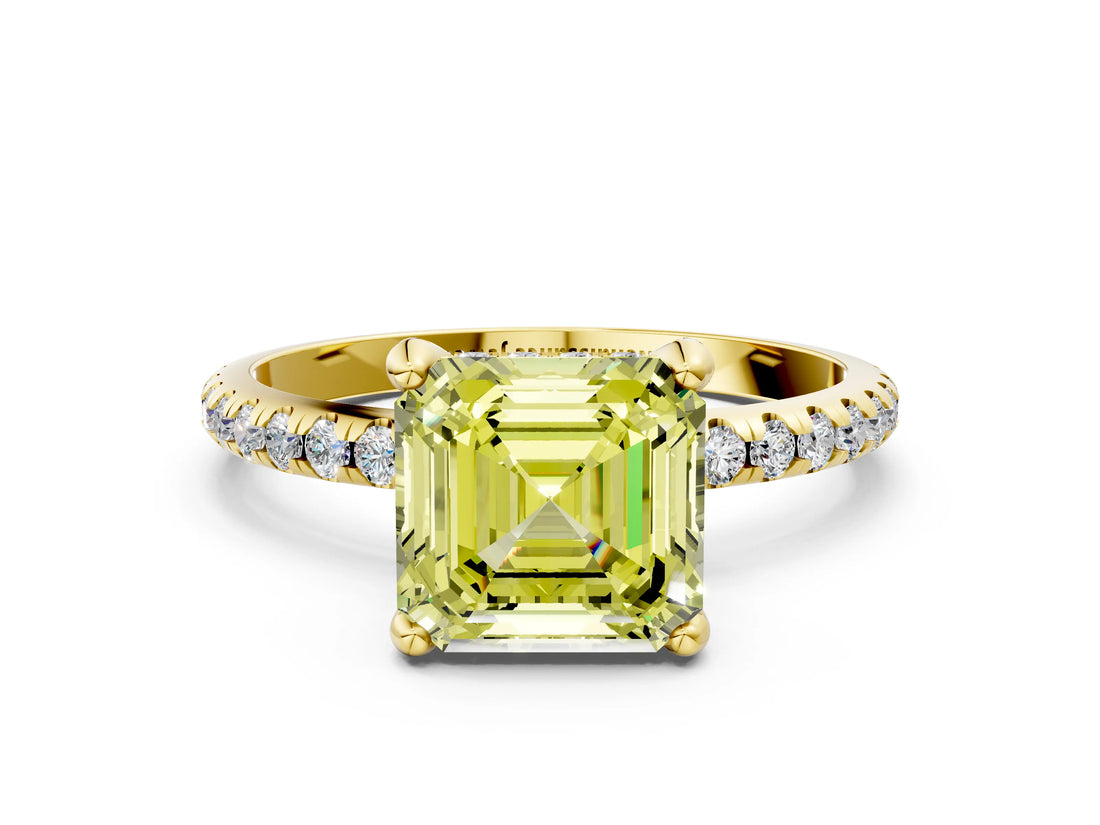 Yellow gold Fancy Yellow Asscher Cut Diamond Solitaire Ring with Four-Prong Setting and Pavé Band_3