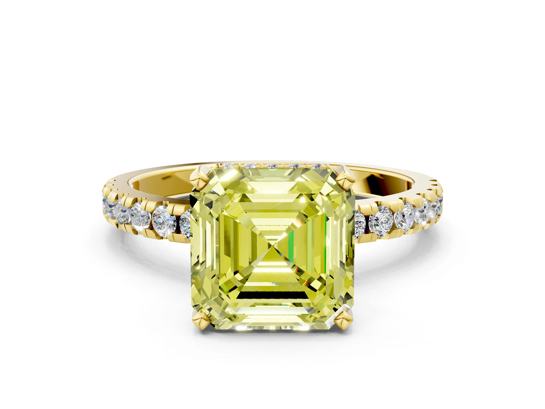 Yellow gold Fancy Yellow Asscher Cut Diamond Solitaire Ring with Pavé Band and Four-Prong Setting_51