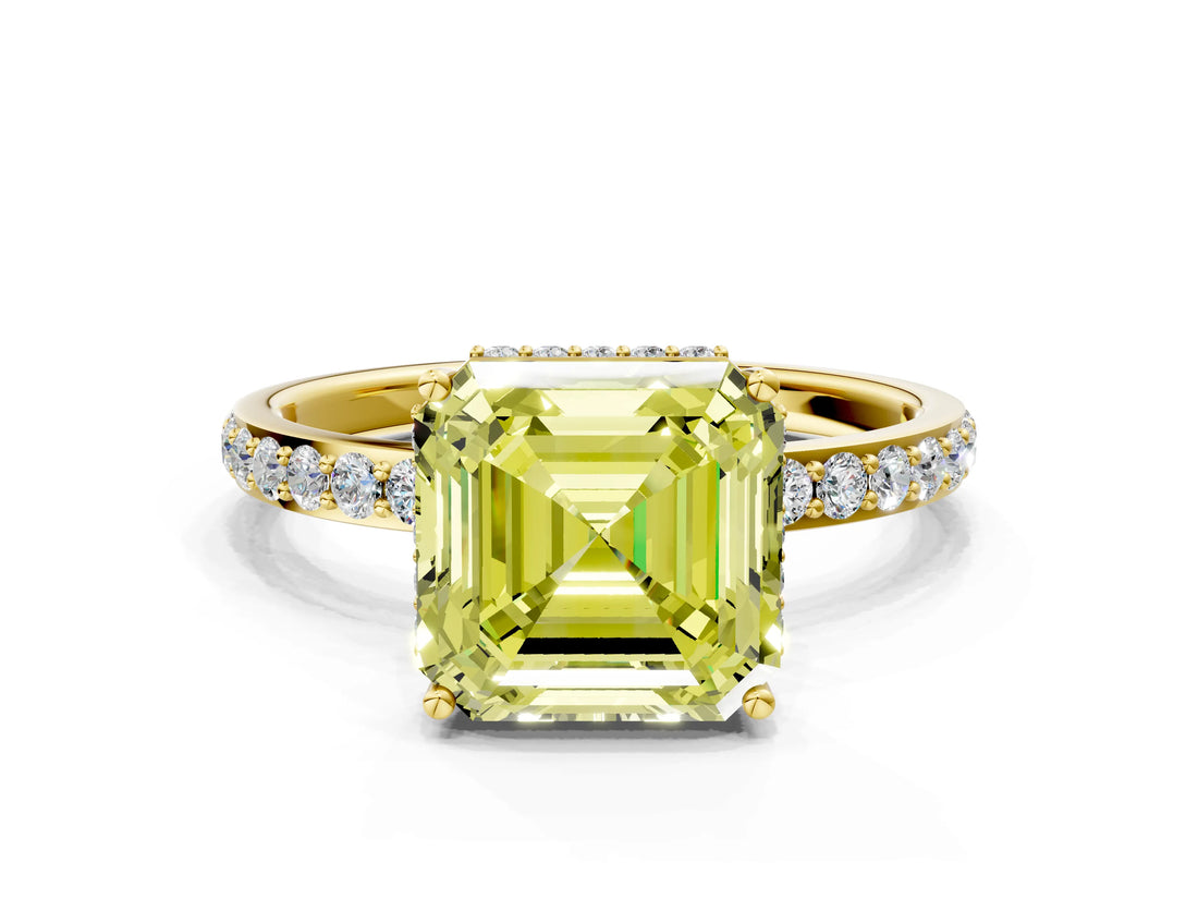 Yellow gold Fancy Yellow Asscher Cut Diamond Solitaire Ring with Pavé Band and Hidden Halo_20