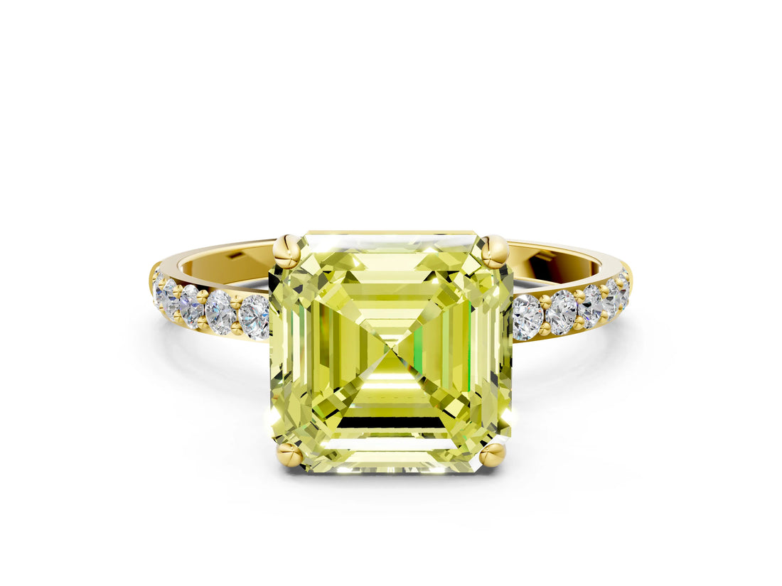 Yellow gold Fancy Yellow Asscher Cut Diamond Solitaire Ring with Pave Band and Four Prong Setting_52
