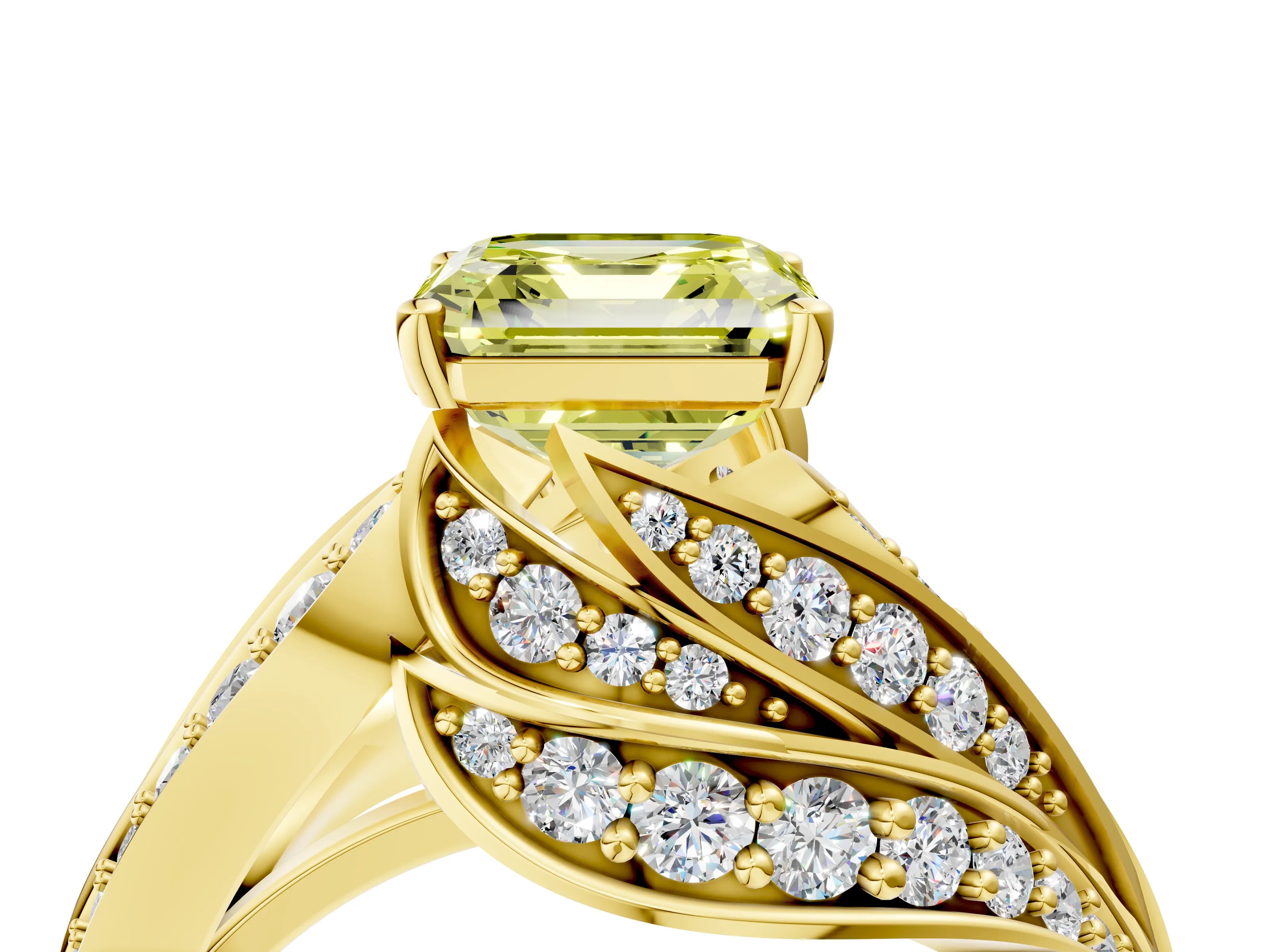 Yellow gold Fancy Yellow Asscher Cut Diamond Solitaire Ring with Prong Setting and Twisted Pavé Band_4
