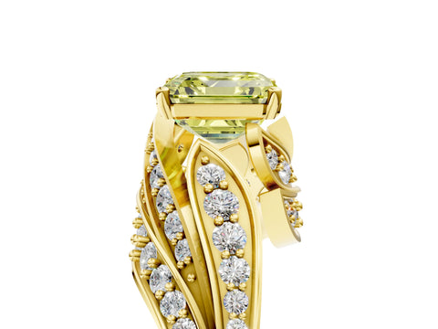 Yellow gold Fancy Yellow Asscher Cut Diamond Solitaire Ring with Prong Setting and Twisted Pavé Band_5