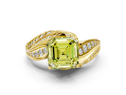 Yellow gold Fancy Yellow Asscher Cut Diamond Solitaire Ring with Prong Setting and Twisted Pavé Band