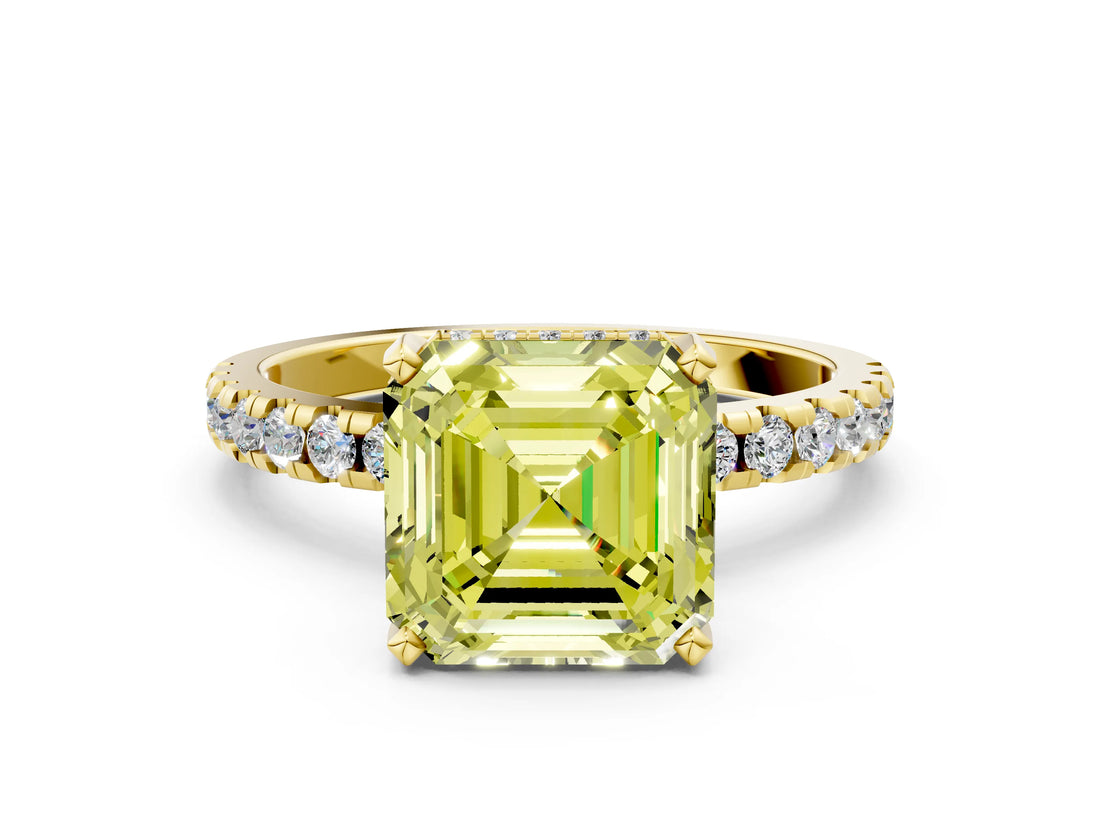 Yellow gold Fancy Yellow Asscher Cut Diamond Solitaire Ring with Round  Pavé Band and Four-Prong Setting_48
