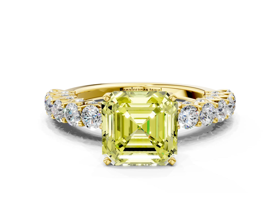 Yellow gold Fancy Yellow Asscher Cut Diamond Solitaire Ring with Shared Prong Pavé Band and Four-Prong Setting_17