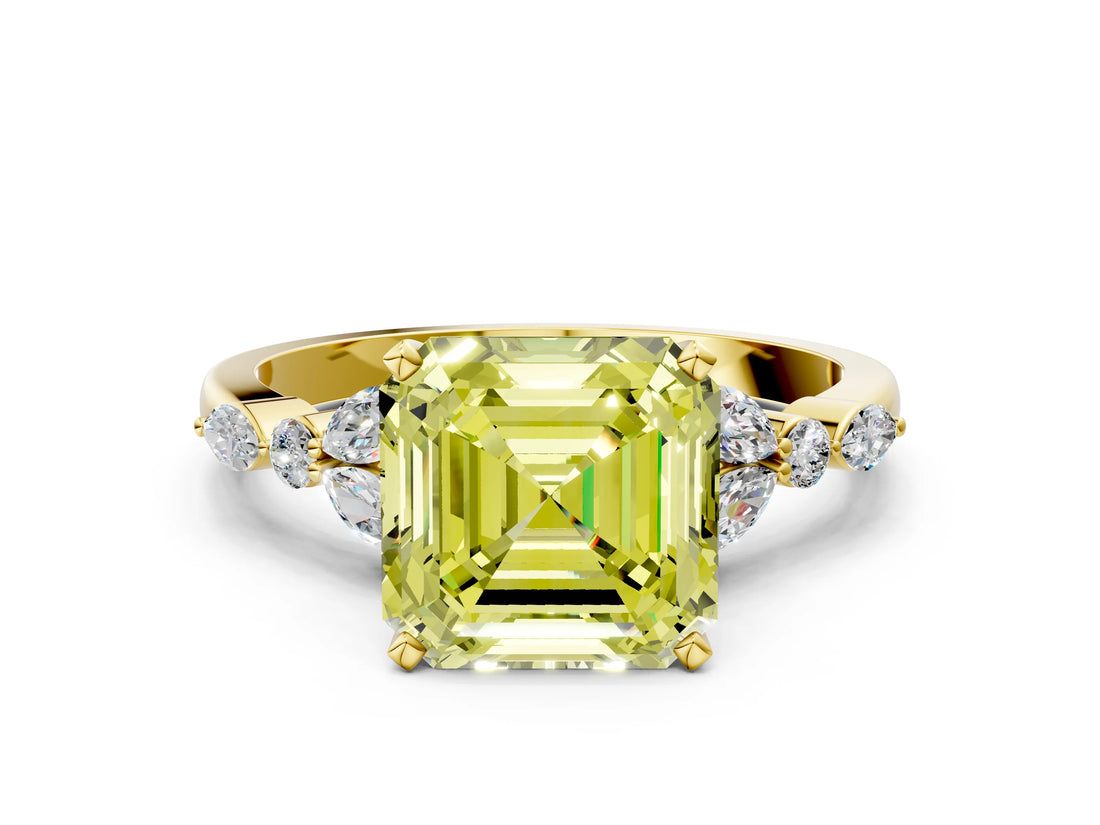 Yellow gold Fancy Yellow Asscher Cut Diamond Solitaire Ring with Side Stones and Four-Prong Setting_35