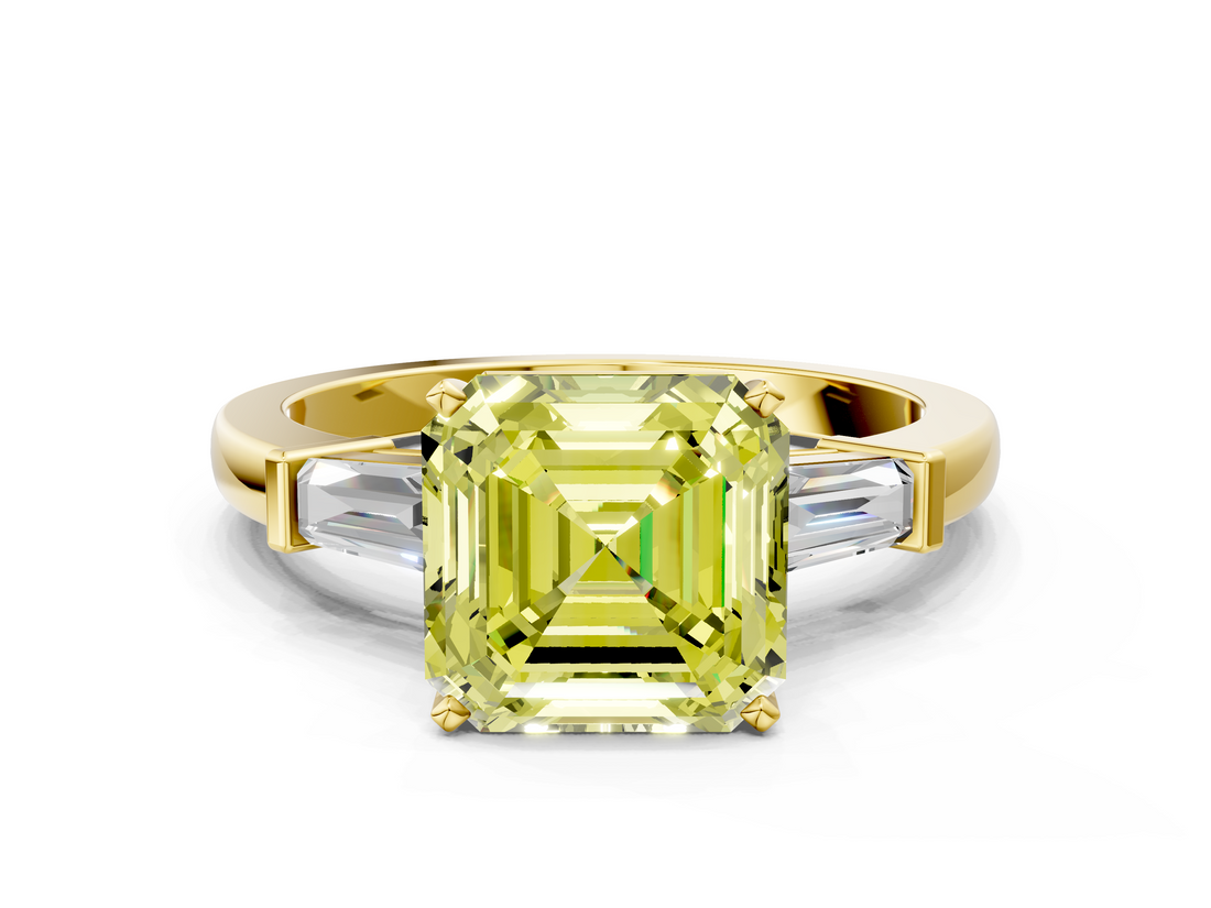 Yellow gold Fancy Yellow Asscher  Cut Diamond Solitaire Ring with Tapered Baguette Accents and Four-Prong Setting_17