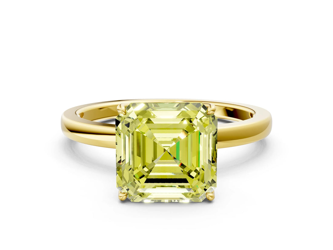Yellow gold Fancy Yellow Asscher Cut Diamond Solitaire Ring with Thin Band and Prong Setting_12