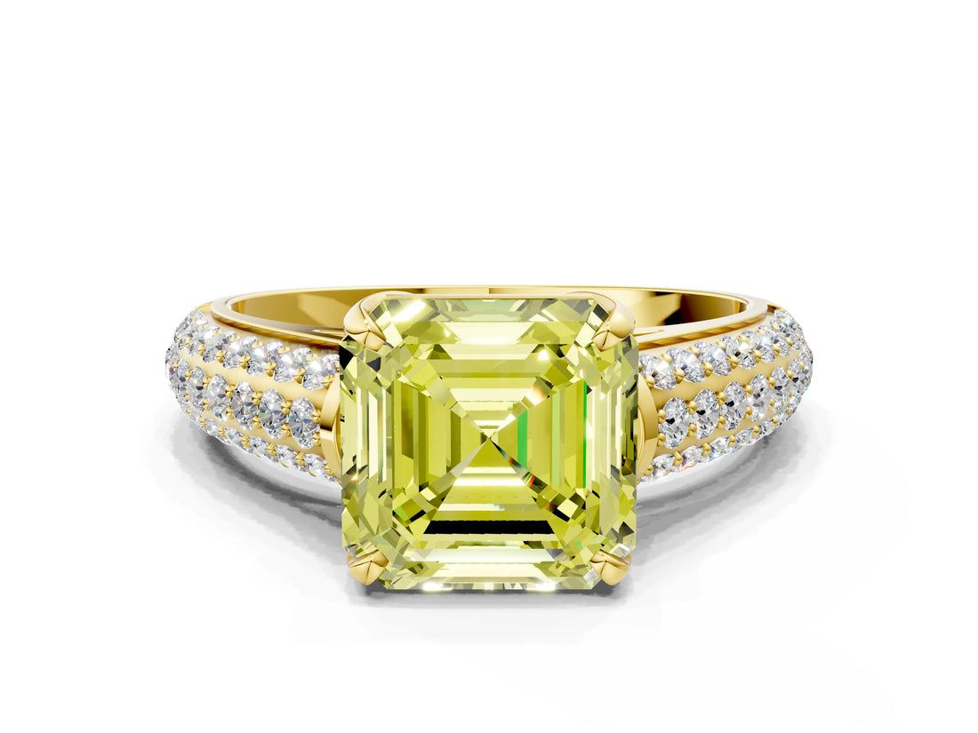 Yellow gold Fancy Yellow Asscher Cut Diamond Solitaire Ring with Three-Row Pavé Band and Four-Prong Setting_17