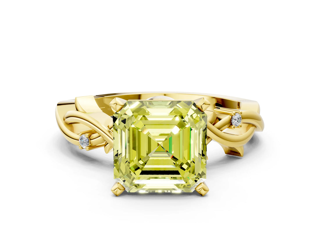 Yellow gold Fancy Yellow Asscher Cut Diamond Solitaire Ring with Twisted Band and Prong Setting_17