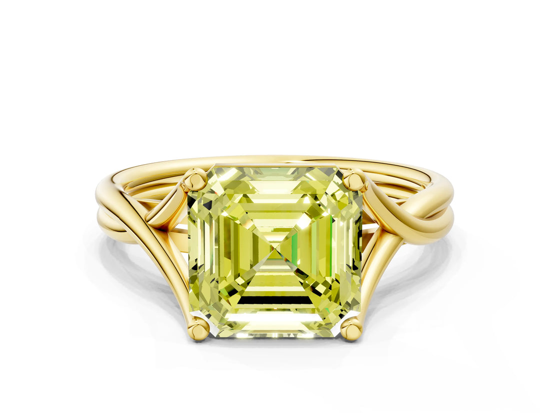 Yellow gold Fancy Yellow Asscher Cut Diamond Solitaire Twist Band Prong Setting Ring_43