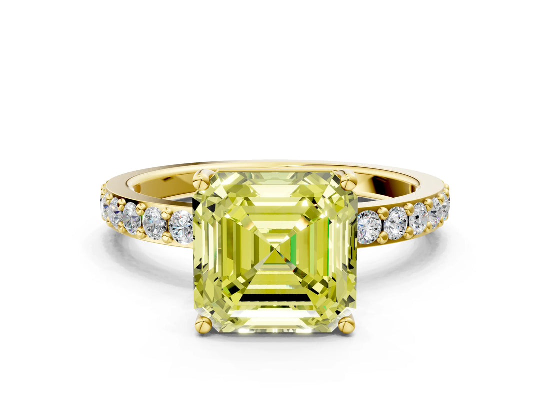 Yellow gold Fancy Yellow Asscher  Cut Diamond Solitaire with Pave Band and Four-Prong Setting