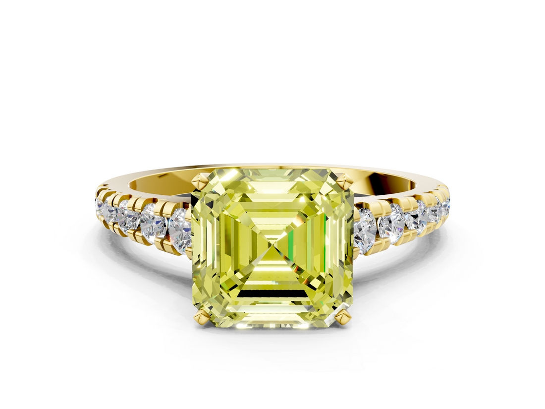 Yellow gold Fancy Yellow Asscher  Cut Diamond Solitaire with Pave Band and Four-Prong Setting_17