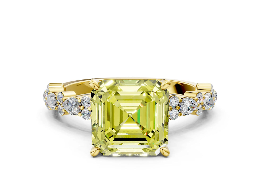 Yellow gold Fancy Yellow Asscher Cut Diamond Solitaire with Side Stones, Pave Band, Four-Prong Setting_58