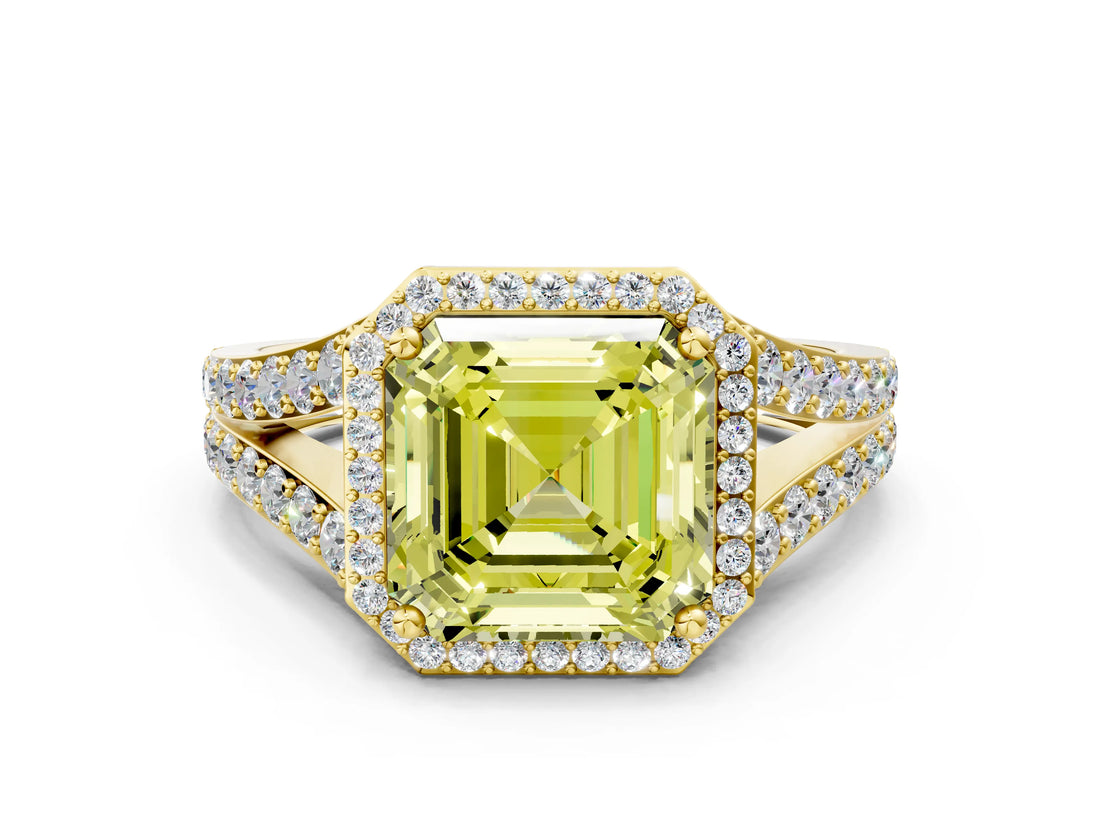 Yellow gold Fancy Yellow Asscher Cut Diamond Split Shank Halo Ring with Four-Prong Setting_34