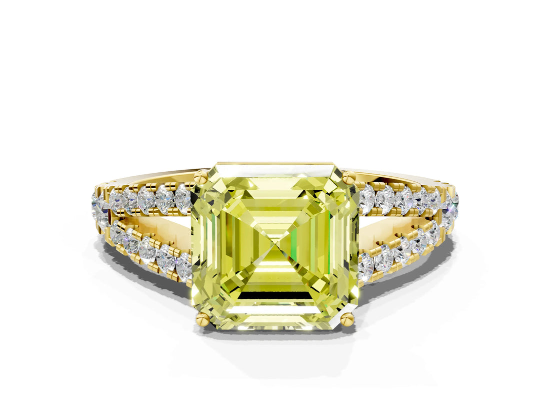 Yellow gold Fancy Yellow Asscher Cut Diamond Split Shank Pavé Engagement Ring with Four-Prong Setting_17