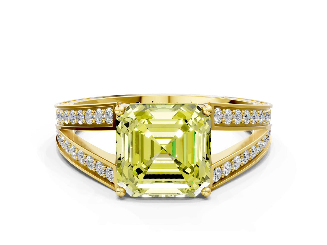 Yellow gold Fancy Yellow Asscher Cut Diamond Split Shank Ring with Pavé Band and Four-Prong Setting_34