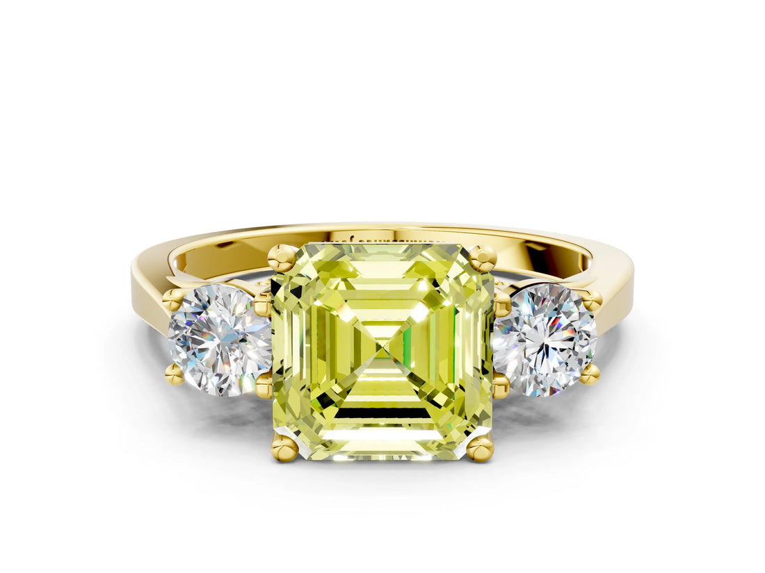 Yellow gold Fancy Yellow Asscher Cut Diamond Three-Stone Engagement Ring with Prong Setting and Pavé Band