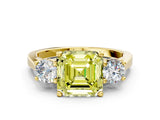 Yellow gold Fancy Yellow Asscher Cut Diamond Three-Stone Engagement Ring with Prong Setting and Pavé Band