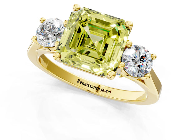 Yellow gold Fancy Yellow Asscher Cut Diamond Three-Stone Engagement Ring with Prong Setting and Pavé Band