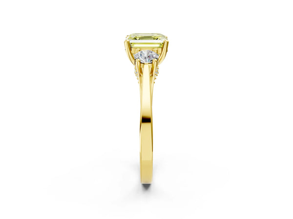 Yellow gold Fancy Yellow Asscher Cut Diamond Three-Stone Engagement Ring with Prong Setting and Pavé Band