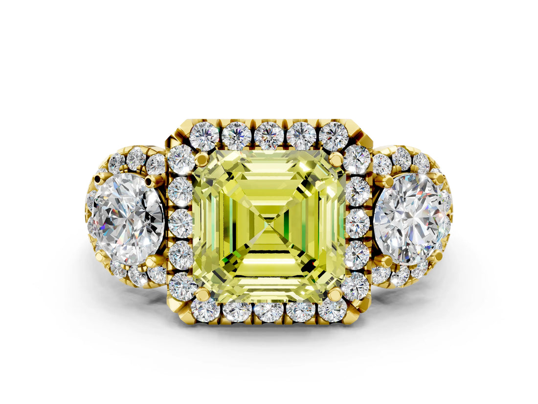 Yellow gold Fancy Yellow Asscher Cut Diamond Three-Stone Halo Ring with Prong Setting and Pavé Accents