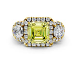 Yellow gold Fancy Yellow Asscher Cut Diamond Three-Stone Halo Ring with Prong Setting and Pavé Accents